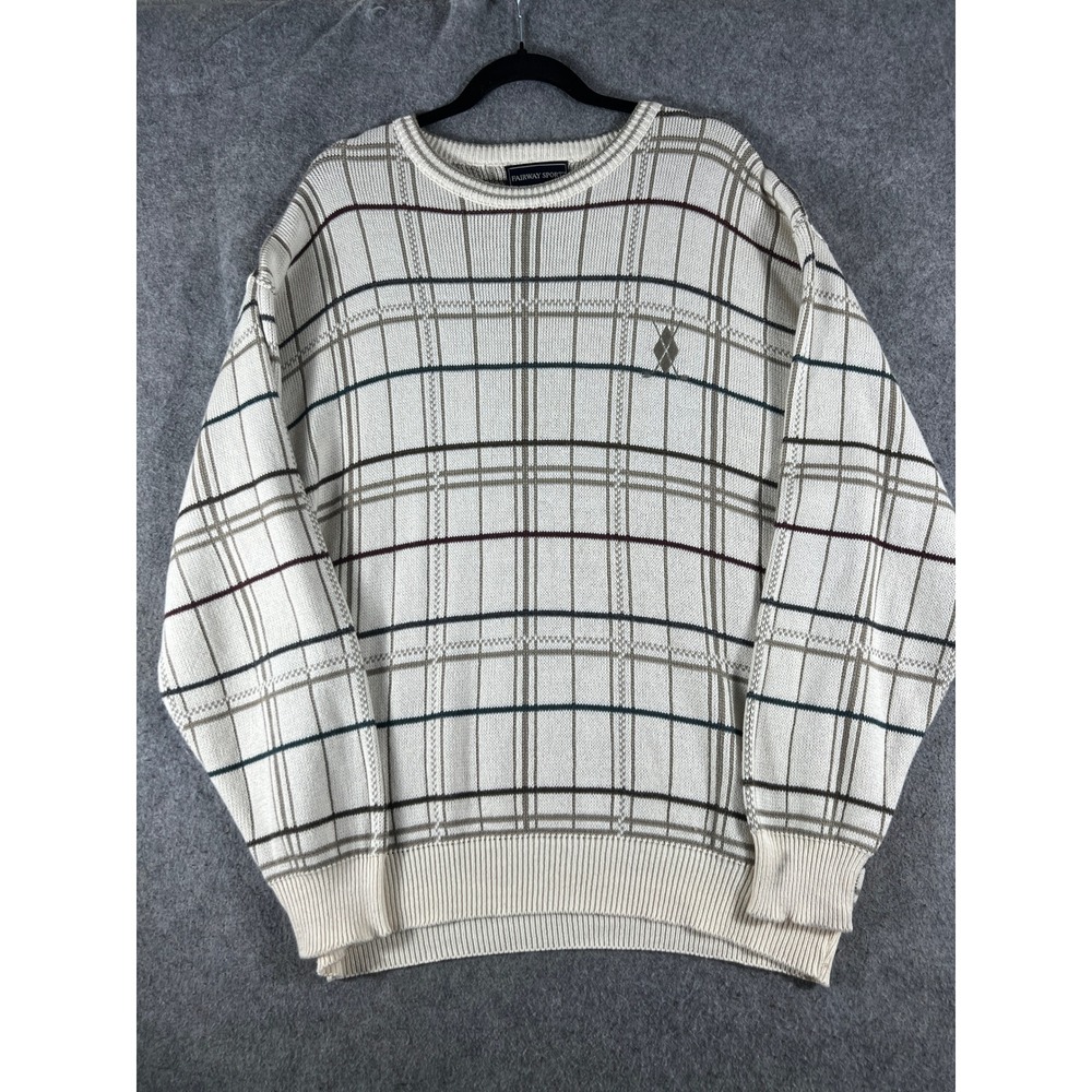 Fairway Sport Crewneck Sweater Mens Large Cream Plaid Cotton Knit Golf USA